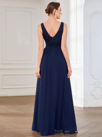 Lace Empire Waist V-Back Sleeveless Chiffon Evening Dress - Navy Blue