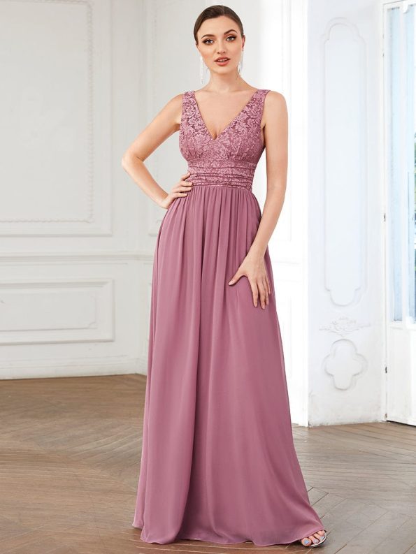 Lace Empire Waist V-Back Sleeveless Chiffon Evening Dress - Purple Orchid