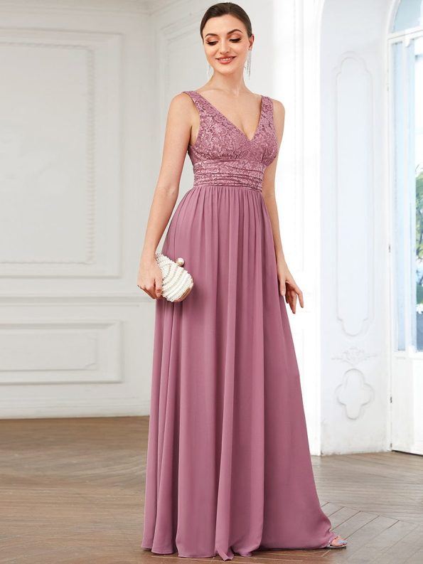 Lace Empire Waist V-Back Sleeveless Chiffon Evening Dress - Purple Orchid