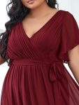 A-Line Pleated Chiffon Tie-Waist Evening Dress – Burgundy