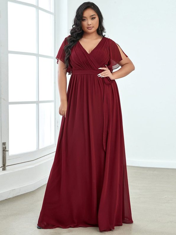 A-Line Pleated Chiffon Tie-Waist Evening Dress - Burgundy