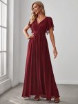 A-Line Pleated Chiffon Tie-Waist Evening Dress – Burgundy