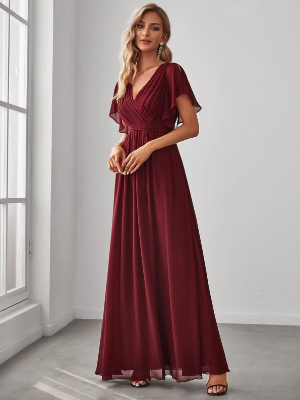 A-Line Pleated Chiffon Tie-Waist Evening Dress - Burgundy