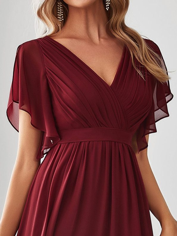 A-Line Pleated Chiffon Tie-Waist Evening Dress - Burgundy