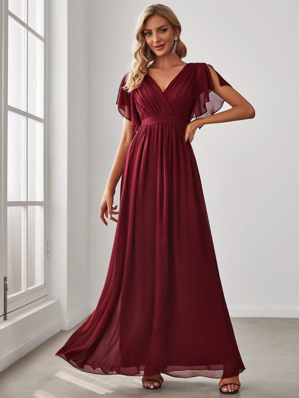 A-Line Pleated Chiffon Tie-Waist Evening Dress - Burgundy