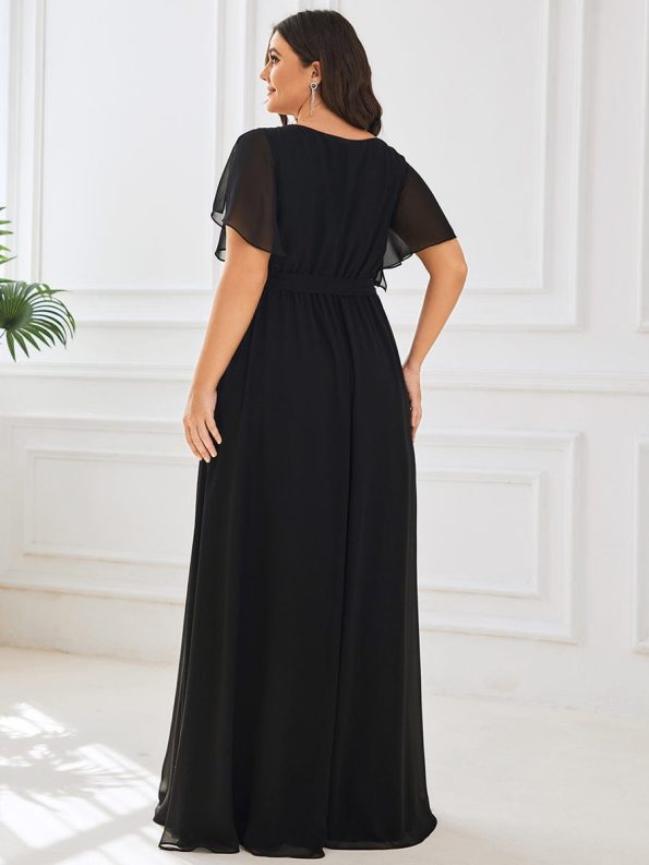 A-Line Pleated Chiffon Tie-Waist Evening Dress - Black