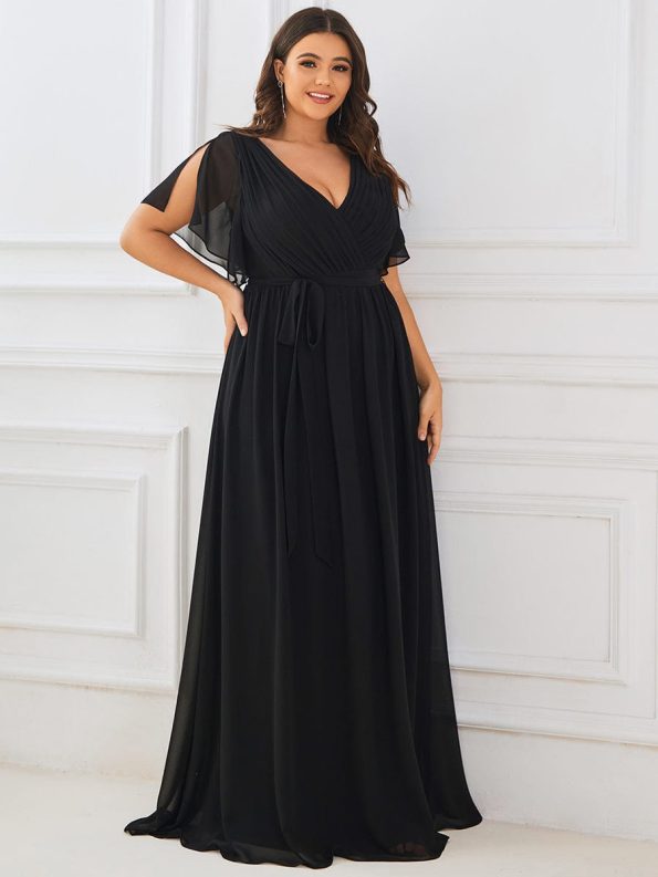 A-Line Pleated Chiffon Tie-Waist Evening Dress - Black