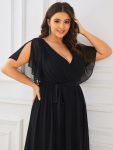 A-Line Pleated Chiffon Tie-Waist Evening Dress – Black