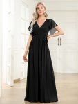 A-Line Pleated Chiffon Tie-Waist Evening Dress – Black