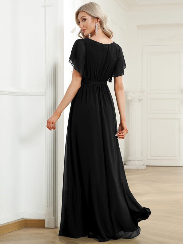 A-Line Pleated Chiffon Tie-Waist Evening Dress - Black