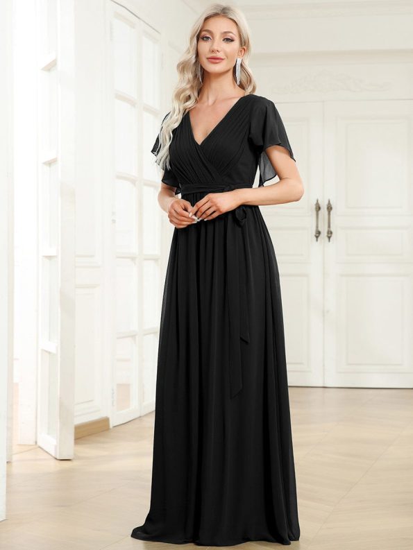 A-Line Pleated Chiffon Tie-Waist Evening Dress - Black