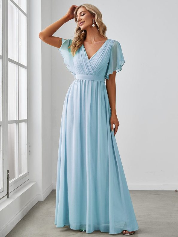 A-Line Pleated Chiffon Tie-Waist Evening Dress - Sky Blue