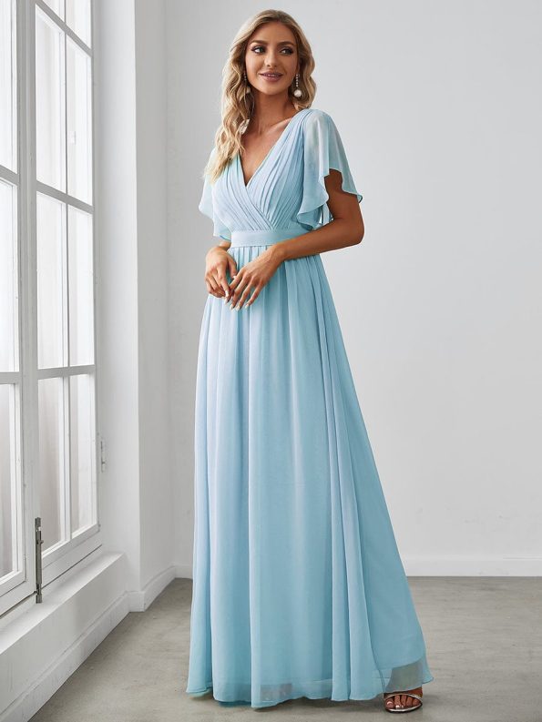 A-Line Pleated Chiffon Tie-Waist Evening Dress - Sky Blue