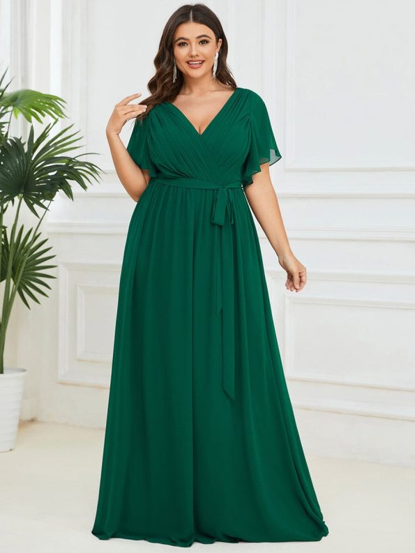 A-Line Pleated Chiffon Tie-Waist Evening Dress - Dark Green