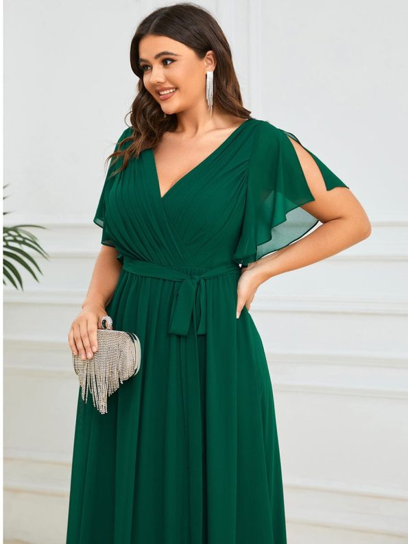 A-Line Pleated Chiffon Tie-Waist Evening Dress - Dark Green