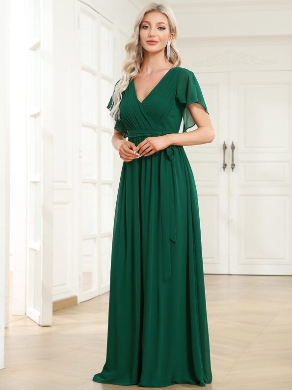 A-Line Pleated Chiffon Tie-Waist Evening Dress - Dark Green