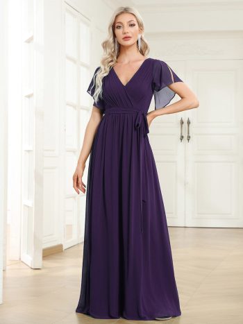 A-Line Pleated Chiffon Tie-Waist Evening Dress - Dark Purple