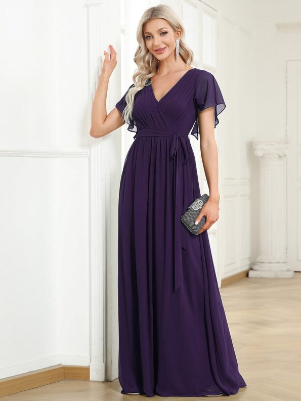 A-Line Pleated Chiffon Tie-Waist Evening Dress - Dark Purple