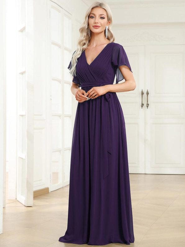 A-Line Pleated Chiffon Tie-Waist Evening Dress - Dark Purple