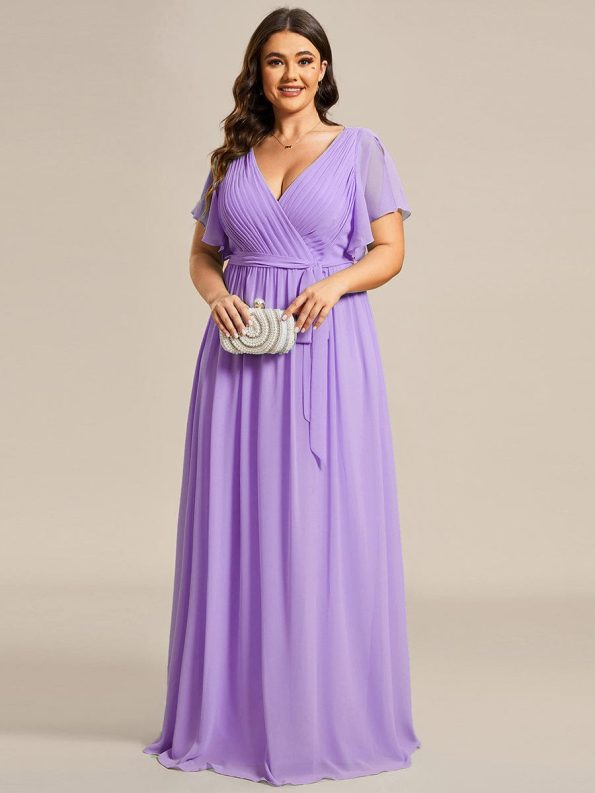 A-Line Pleated Chiffon Tie-Waist Evening Dress - Lavender