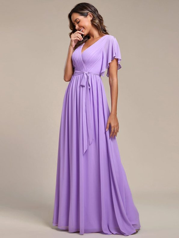 A-Line Pleated Chiffon Tie-Waist Evening Dress - Lavender