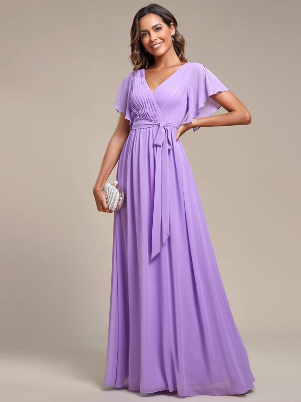 A-Line Pleated Chiffon Tie-Waist Evening Dress - Lavender