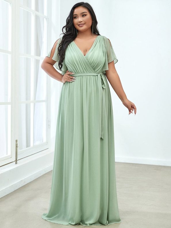 A-Line Pleated Chiffon Tie-Waist Evening Dress - Mint Green