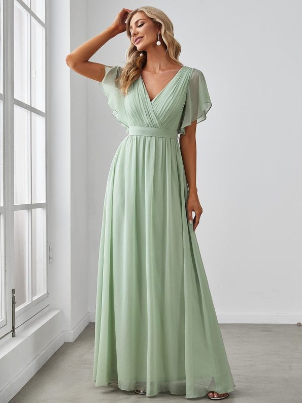 A-Line Pleated Chiffon Tie-Waist Evening Dress - Mint Green