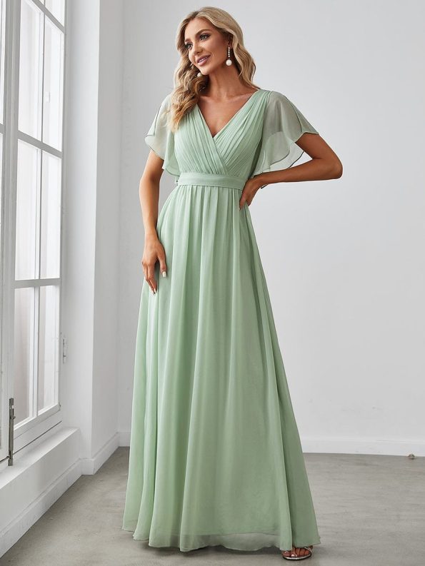 A-Line Pleated Chiffon Tie-Waist Evening Dress - Mint Green