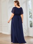 A-Line Pleated Chiffon Tie-Waist Evening Dress – Navy Blue