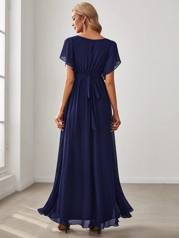 A-Line Pleated Chiffon Tie-Waist Evening Dress - Navy Blue