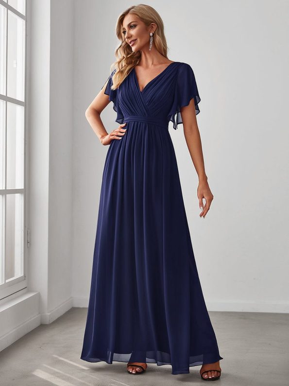 A-Line Pleated Chiffon Tie-Waist Evening Dress - Navy Blue