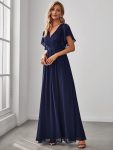 A-Line Pleated Chiffon Tie-Waist Evening Dress – Navy Blue