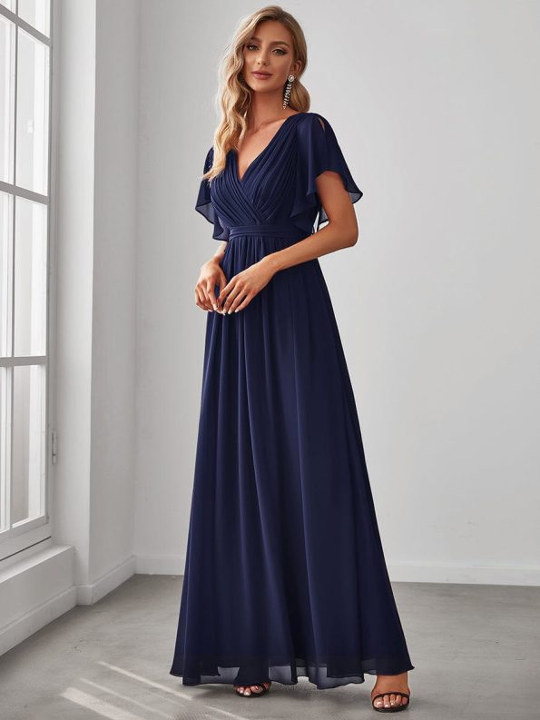 A-Line Pleated Chiffon Tie-Waist Evening Dress - Navy Blue