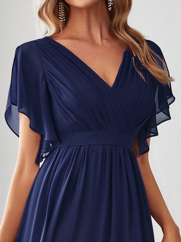 A-Line Pleated Chiffon Tie-Waist Evening Dress - Navy Blue