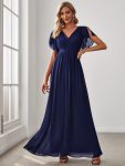 A-Line Pleated Chiffon Tie-Waist Evening Dress – Navy Blue