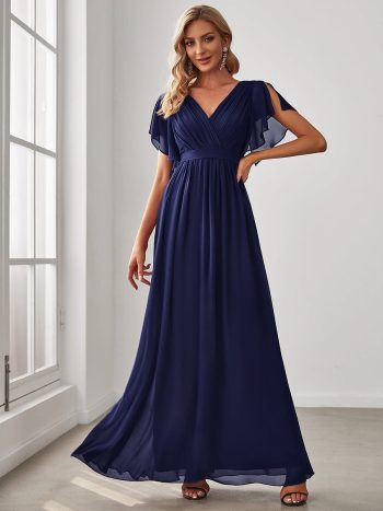 A-Line Pleated Chiffon Tie-Waist Evening Dress - Navy Blue