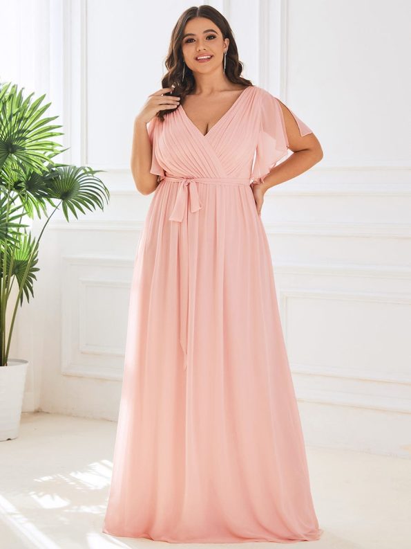 A-Line Pleated Chiffon Tie-Waist Evening Dress - Pink