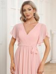 A-Line Pleated Chiffon Tie-Waist Evening Dress – Pink