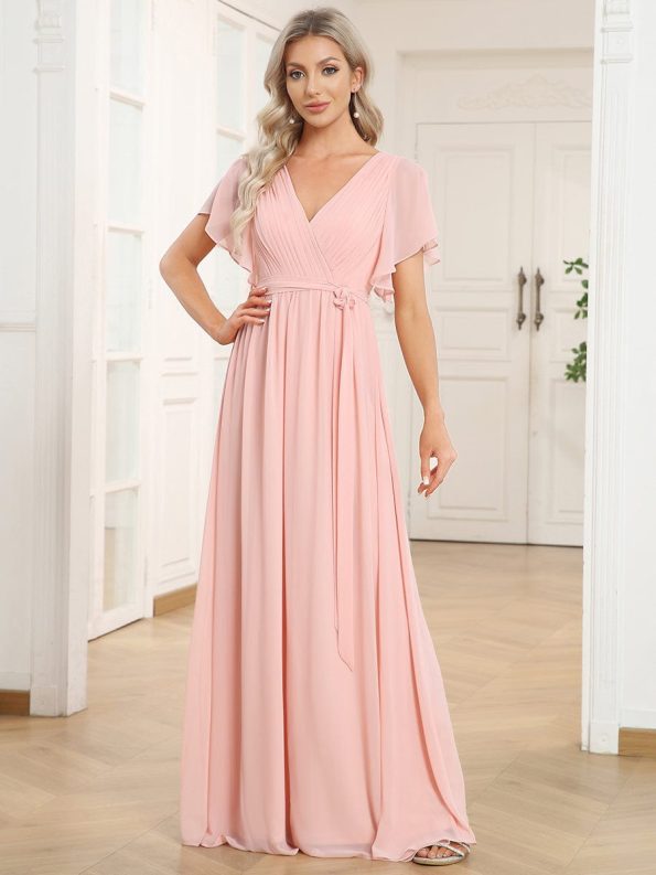 A-Line Pleated Chiffon Tie-Waist Evening Dress - Pink