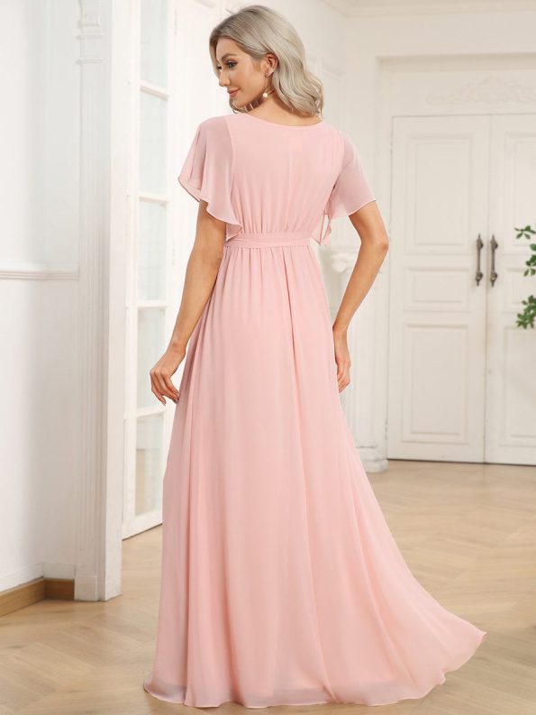 A-Line Pleated Chiffon Tie-Waist Evening Dress - Pink