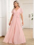 A-Line Pleated Chiffon Tie-Waist Evening Dress – Pink