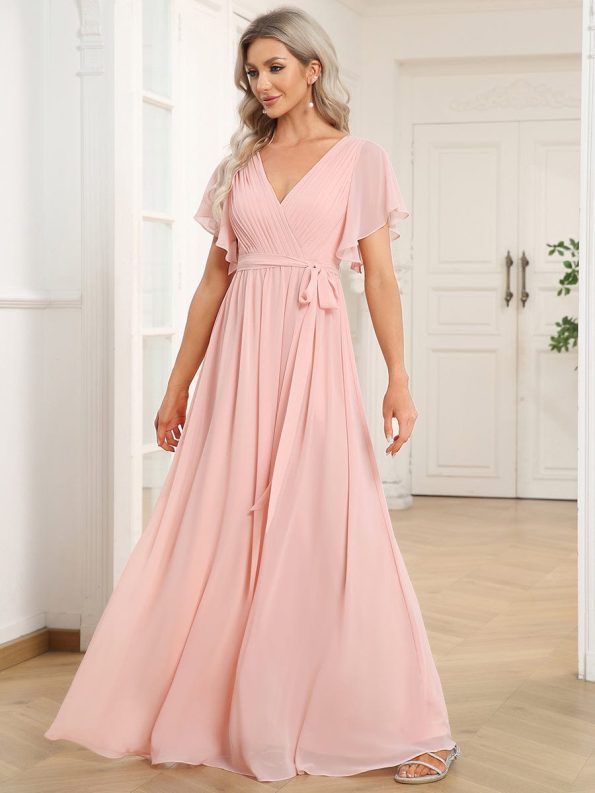 A-Line Pleated Chiffon Tie-Waist Evening Dress - Pink