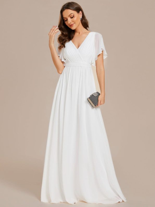 A-Line Pleated Chiffon Tie-Waist Evening Dress - White