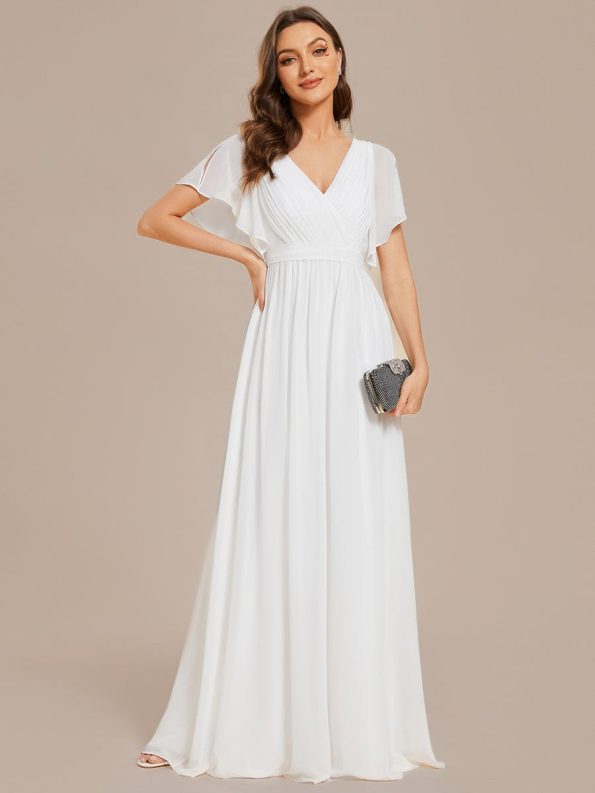 A-Line Pleated Chiffon Tie-Waist Evening Dress - White