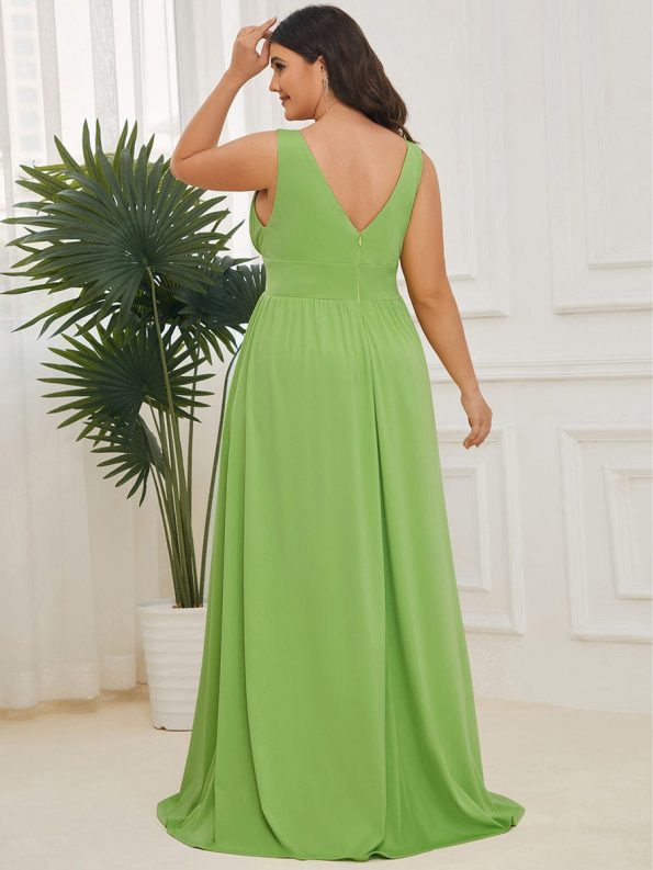 Chiffon High Slit Sleeveless V-Neck Empire Waist Formal Evening Dress - Avocado Green