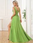 Chiffon High Slit Sleeveless V-Neck Empire Waist Formal Evening Dress – Avocado Green