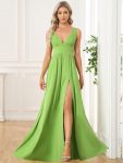 Chiffon High Slit Sleeveless V-Neck Empire Waist Formal Evening Dress – Avocado Green