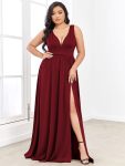 Sleeveless V-Neck Empire Waist High Slit Floor-Length Evening Dress – Burgundy