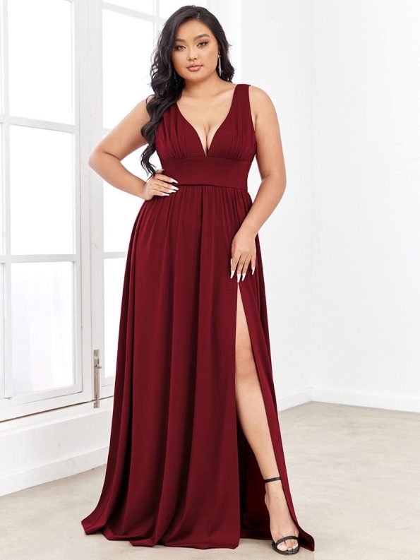 Sleeveless V-Neck Empire Waist High Slit Floor-Length Evening Dress - Burgundy